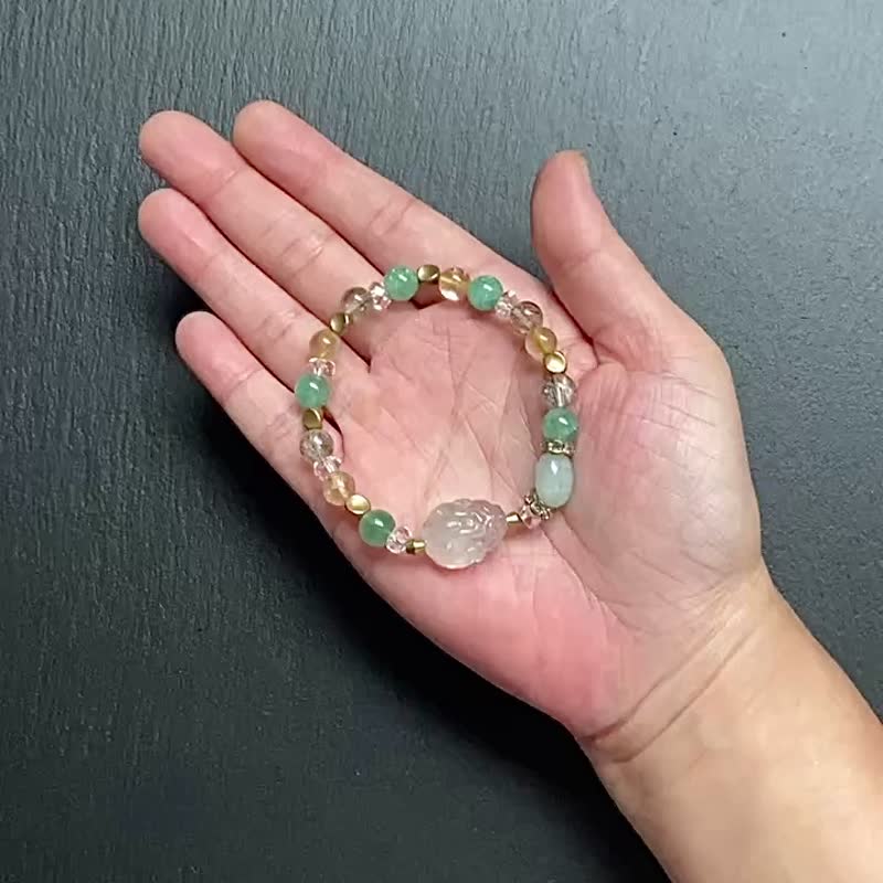 金髮晶 碧璽綠髮晶 綠草莓晶 白水晶 天河石漸層螢石龍龜黃銅手鍊 - 手鍊/手環 - 水晶 多色