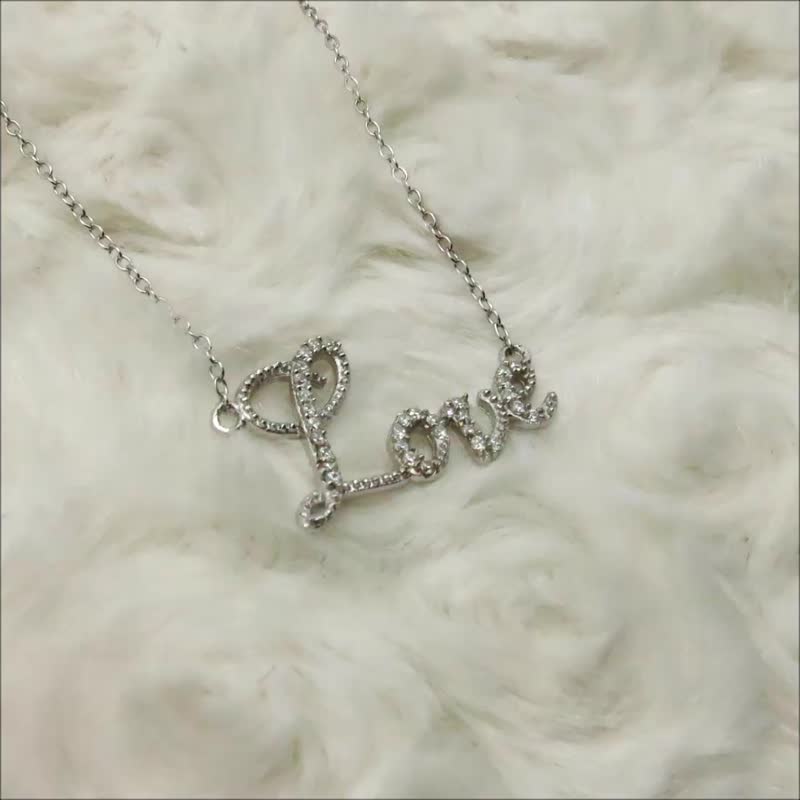 Silver Necklace Cursive Love Inlaid Zircon Platinum-Clad Thin 1mm Chain - สร้อยคอทรง Collar - เงินแท้ สีเงิน