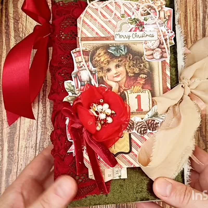 Home for Christmas junk journal handmade Winter december daily for sale - 筆記本/手帳 - 紙 紅色