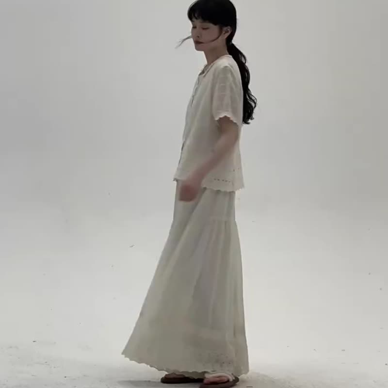 杏色 刺繡闊腿裙褲 森系蕾絲寬鬆闊腿寬褲 日系褲裙 - 女長褲 - 棉．麻 白色