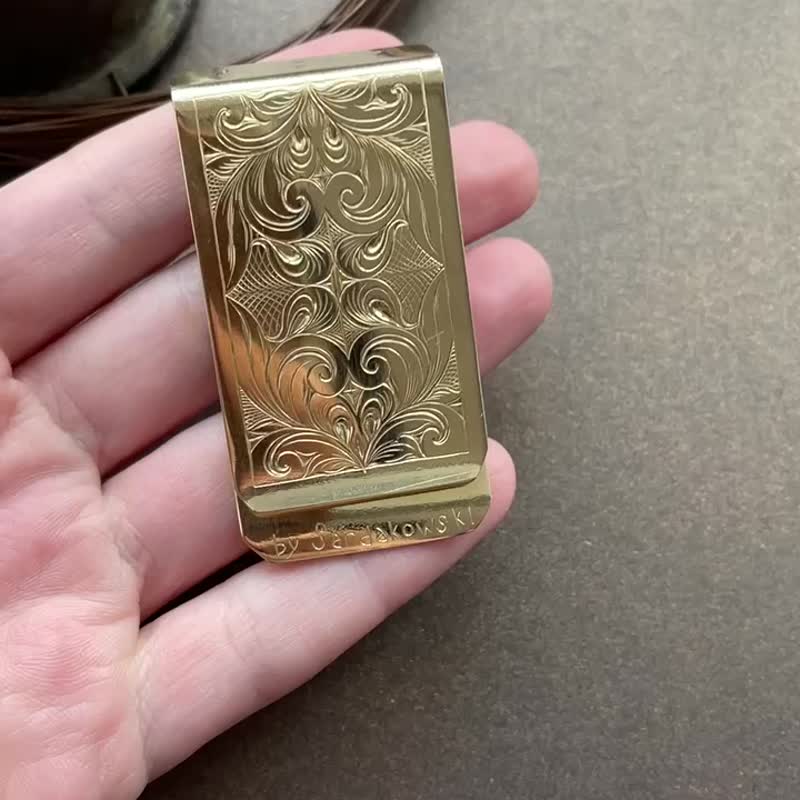 Unique Brass Money Clip Holder Handmade Engraved Heart Pattern Pocket Wallet - 其他 - 銅/黃銅 黃色