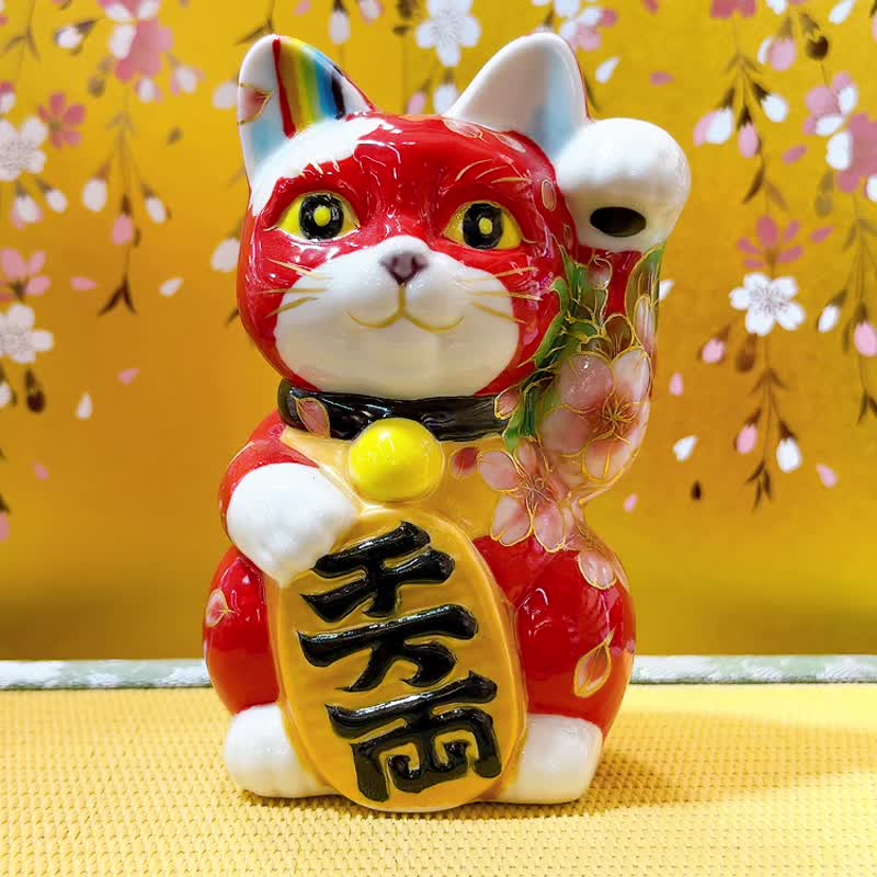 【櫻耀戀彩】日本清水燒招財貓 | 赤塗 - 山櫻 - 擺飾/家飾品 - 瓷 紅色