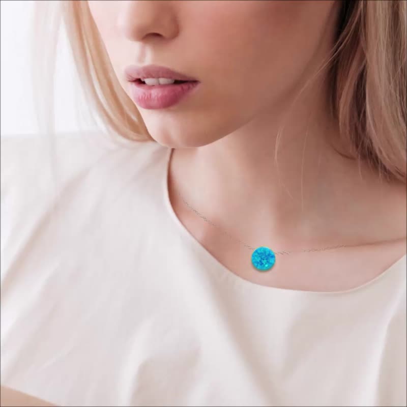 Sun Clavicle Necklace Silver Platinum-Clad Opal Pendant Thin 1mm Chain Gift Wrap - สร้อยคอทรง Collar - เงินแท้ สีน้ำเงิน