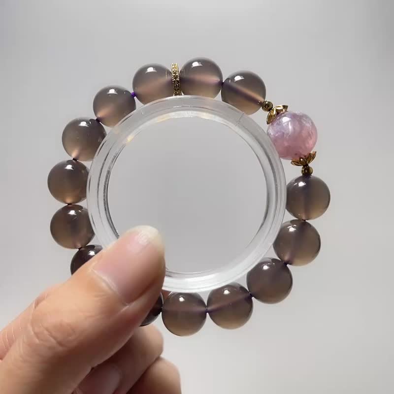 天然礦石 高等級煙紫瑪瑙 12 mm 粉祖母晶 手鍊 - 手鍊/手環 - 寶石 紫色