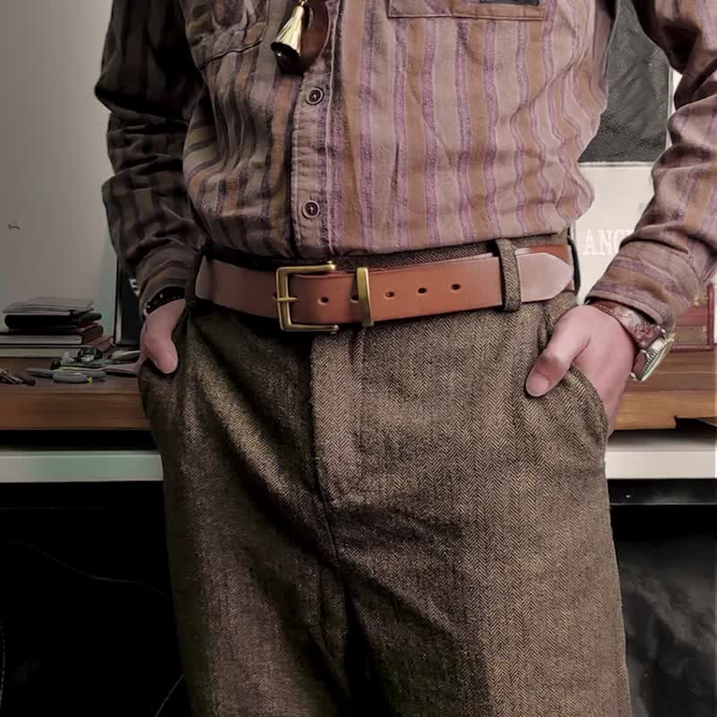 美式復古植鞣牛皮皮帶 手工牛皮銅扣腰帶 寬3.8cm 男 可打洞 真皮 - 腰帶/皮帶 - 真皮 咖啡色