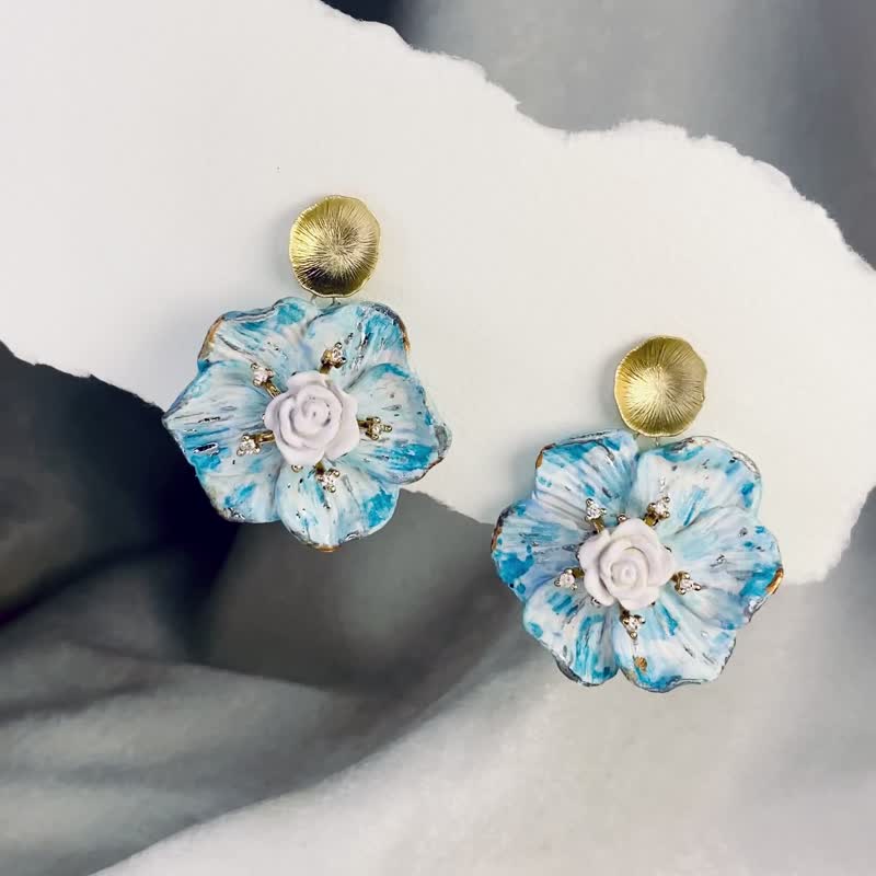 Ocean Gold and Silver Foil Hand Painted Clay Earrings - Earrings & Clip-ons - Clay Blue