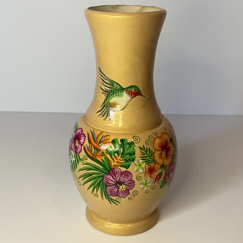 Vase Hummingbird, home interior decor, golden colour, bird flowers painting - 擺飾/家飾品 - 木頭 金色