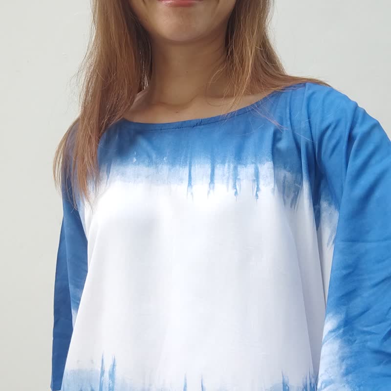 Allanna White Mid - Tie Dye Butterfly Sleeves Crop Top - Women's Tops - Cotton & Hemp Blue