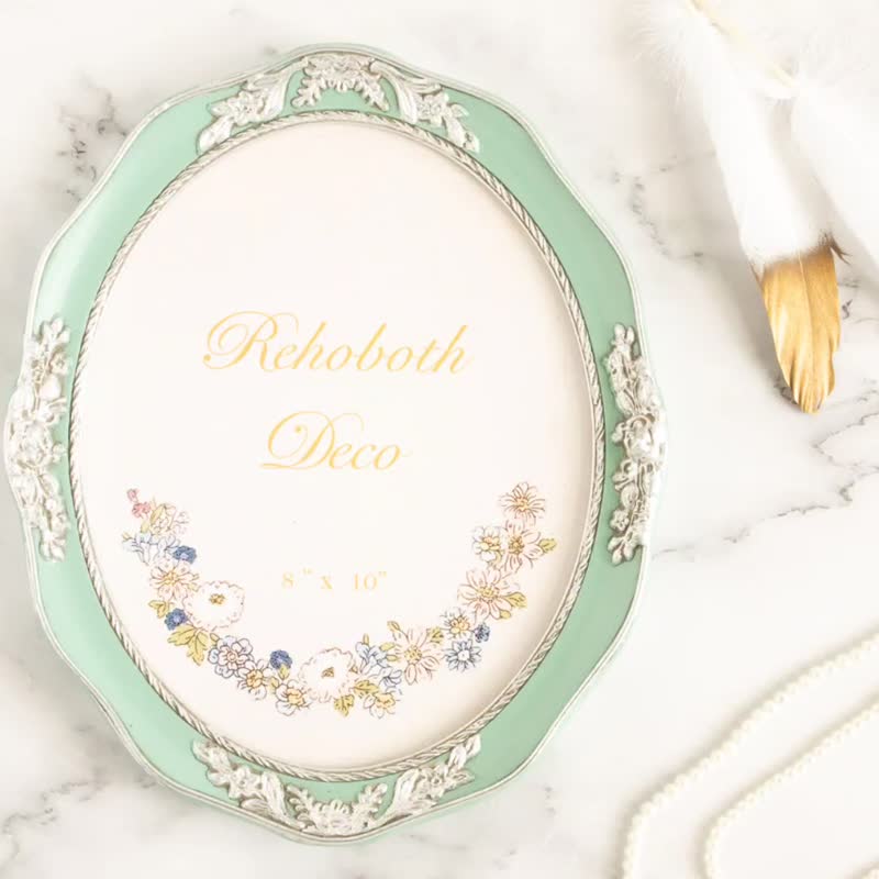 Handcrafted 8x10 Oval Picture Frame, Gilding, Floral Appliqué, Silver/Teal Blue - Picture Frames - Wood Green