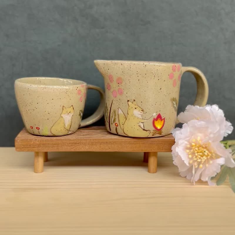 A Lu cute fox pottery pot and cup set/gift, handmade, hand-painted original, only one piece - Teapots & Teacups - Pottery Multicolor