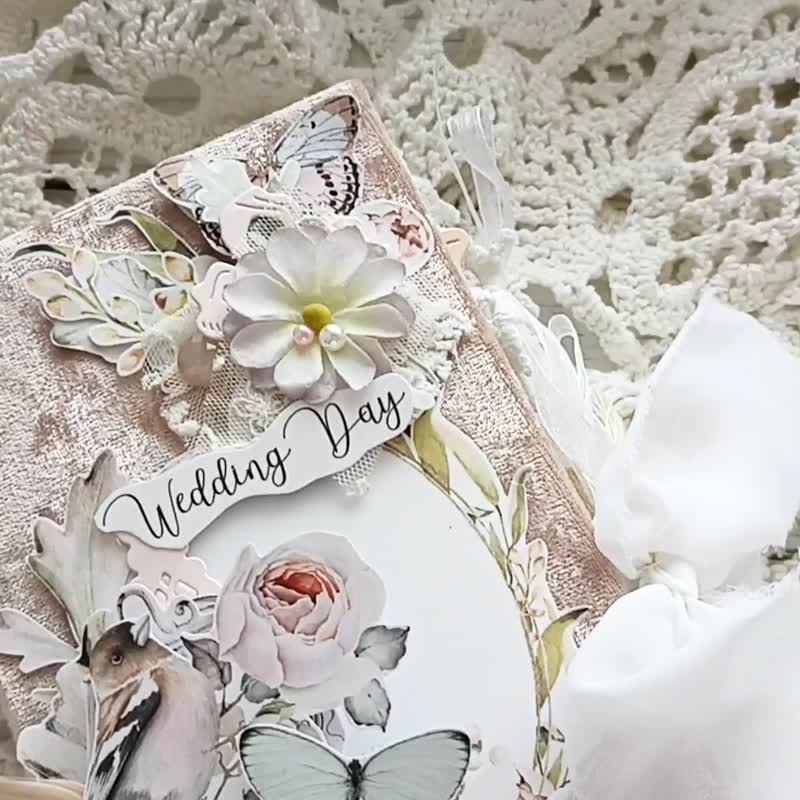 Lace wedding junk journal handmade Elegant roses dairy Large bridal notebook - สมุดบันทึก/สมุดปฏิทิน - กระดาษ ขาว