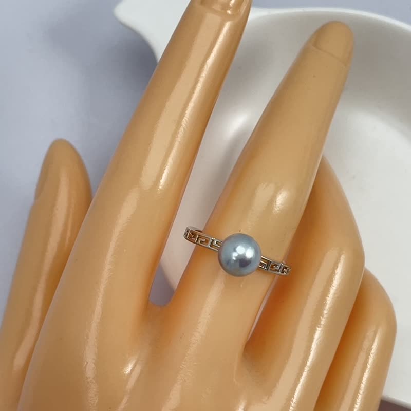 Natural seawater pearl Akoya Linen Ma ancient style open full inlaid Silver ring - General Rings - Pearl Transparent