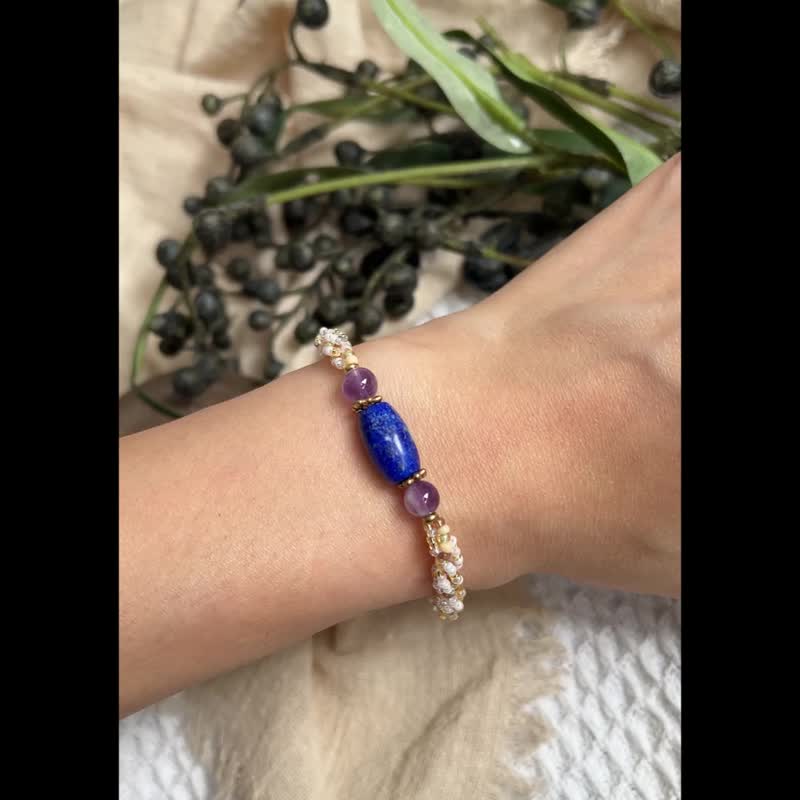 青金石 紫水晶 玻璃米珠x天然石 串珠手鏈 - 手鍊/手環 - 水晶 藍色