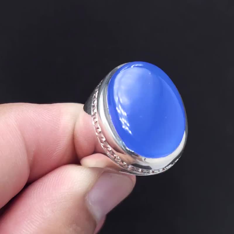 Rare Blue Aqeeq Ring Agate Akik Aqiq Flat Blue Agate Men Ring, Silver Handmade - 戒指 - 寶石 藍色
