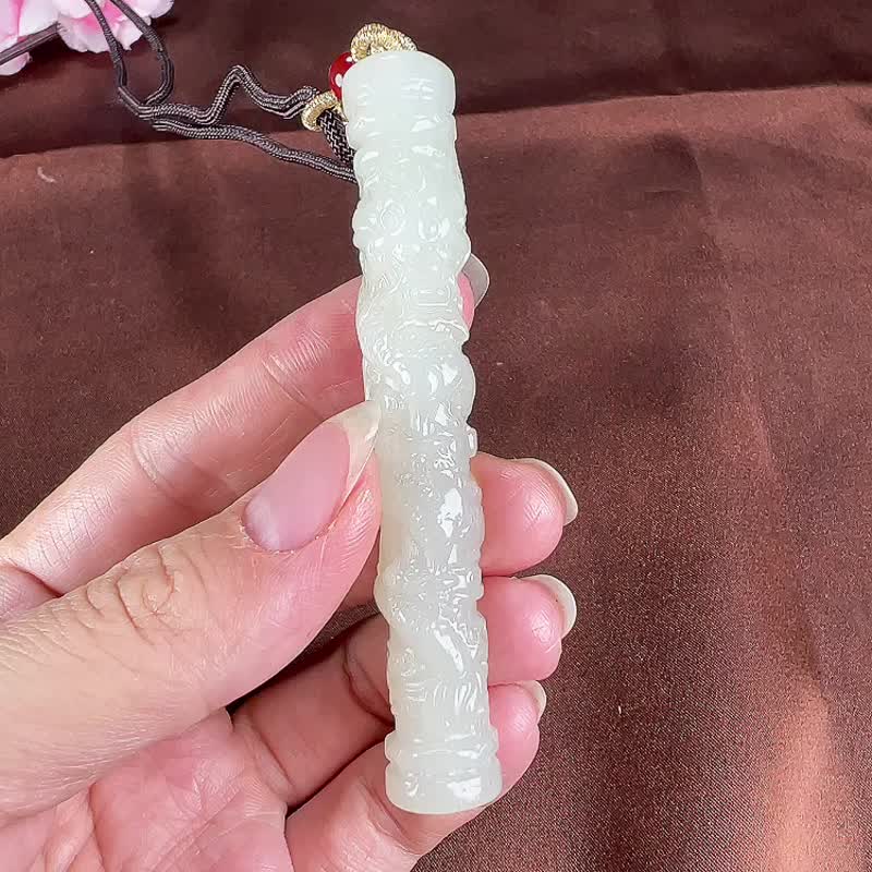 秒殺價 天然新疆和田玉羊脂玉金龍盤玉柱吊墜 玉質細膩溫潤 - 吊飾/掛飾 - 玉石 