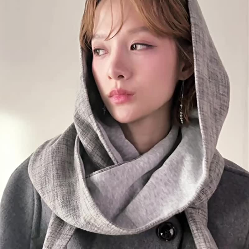 Mist 系列 - 銀慕 * 灰色 十字紋 混織毛料 棉料 圍巾 連帽圍巾 - 圍巾/披肩 - 其他人造纖維 灰色