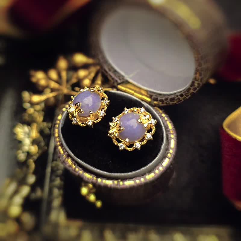 貴氣•招財•貴人|夢幻濃芭比紫|緬甸A貨翡翠純銀蕾絲宮廷款耳環 - 耳環/耳夾/耳骨夾 - 玉石 