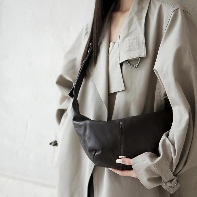 sobag高級氣質超軟真皮斜挎餃子女包質感單肩手提斜挎月牙牛角包 - 側背包/斜孭袋 - 真皮 咖啡色