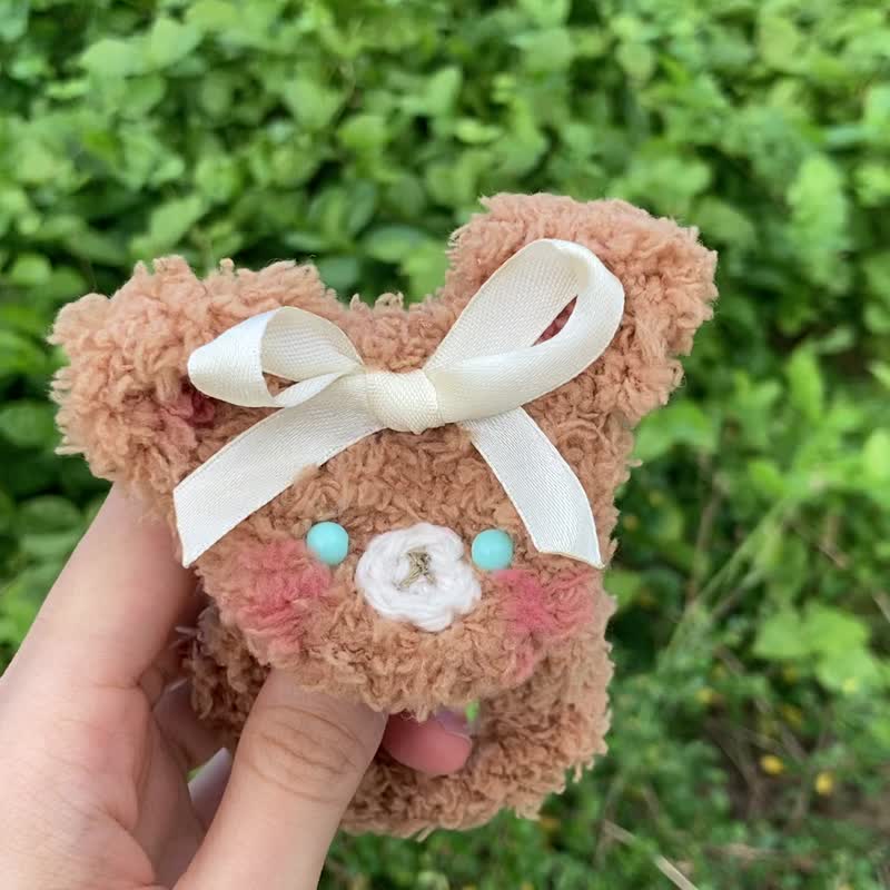 オリジナル 純手作】手編みの茶色の毛毛のリボンとクマのヘアバンド