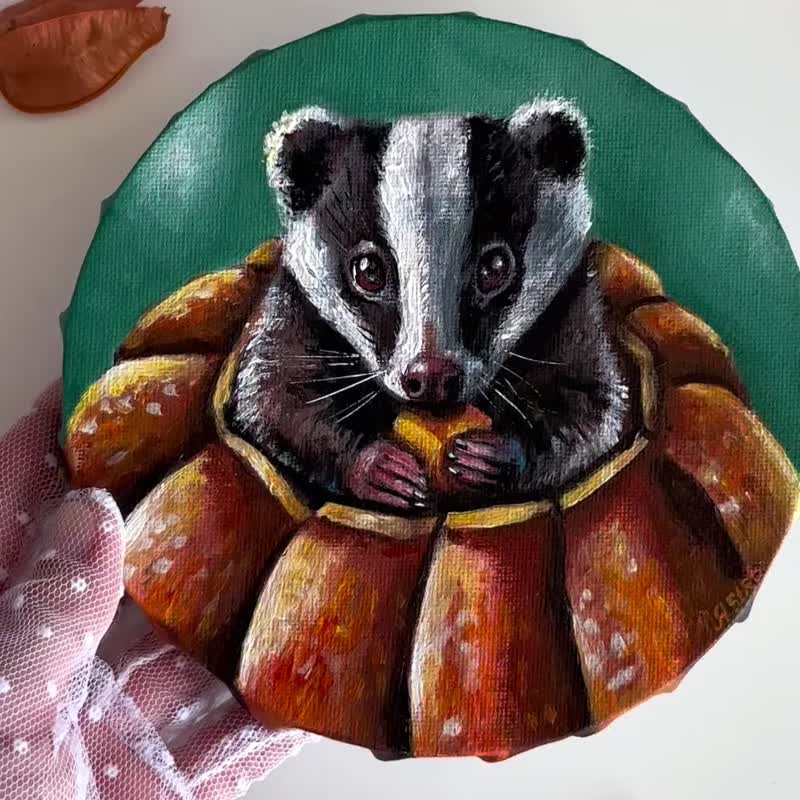 Badger and Pumpkin original canvas painting, Woodland animals, Wildlife wall art - 壁貼/牆壁裝飾 - 棉．麻 多色