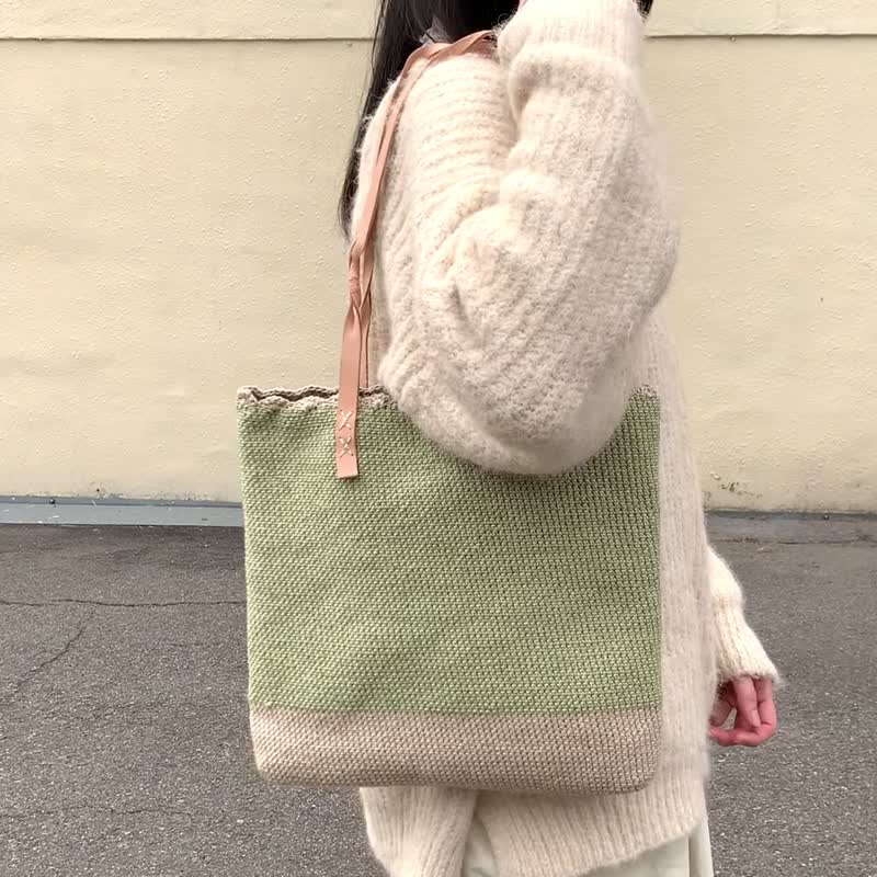 Matcha Oulet woven bag/ramie rope woven/shoulder bag/woven bag - กระเป๋าถือ - ผ้าฝ้าย/ผ้าลินิน สีเขียว