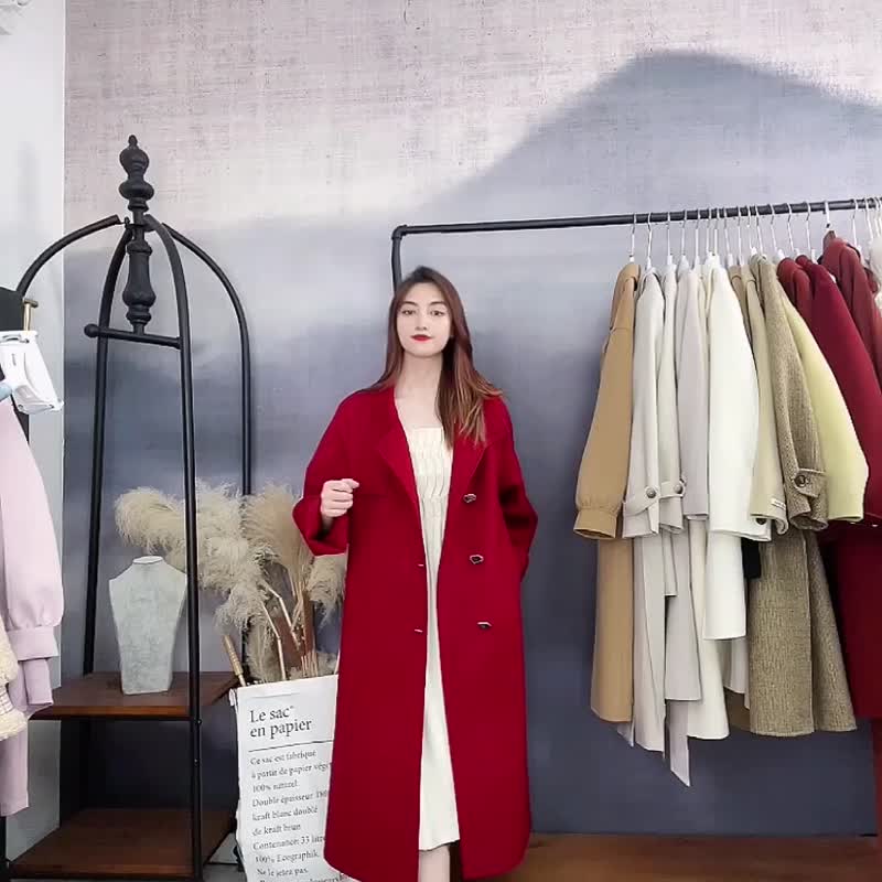 100% Sheep Wool Stand Collar Single-breasted Loose Red Coat Jacket Women's Autum - Women's Tops - Wool Red