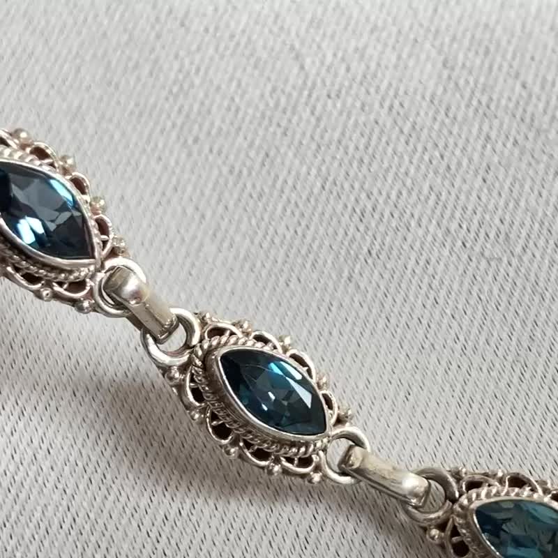 寶石級別 天然 倫敦藍 托帕石  手鍊 尼泊爾 手工製 925純銀 - 手鍊/手鐲 - 寶石 藍色