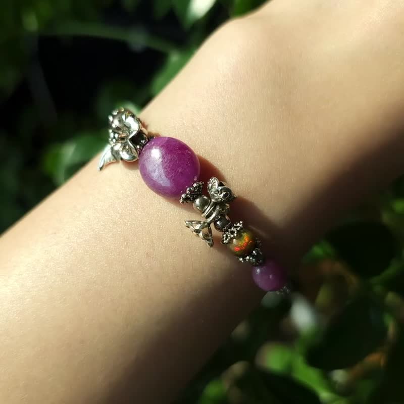 Flower Witch - Antique Silver Natural Ruby Black Opal Gemstone Bracelet 925 SV - 手鍊/手環 - 半寶石 紅色