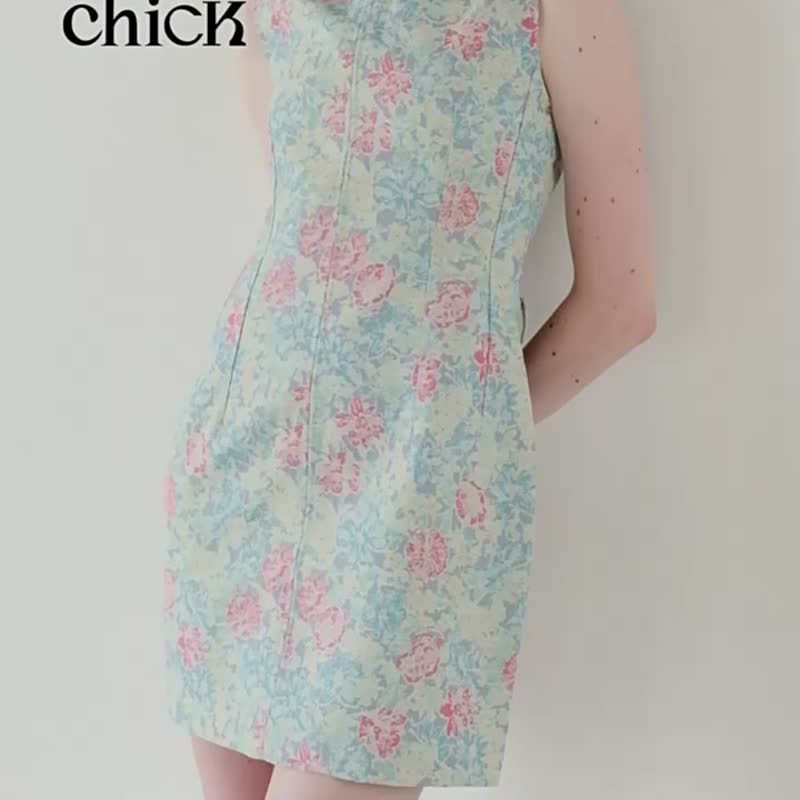 復古印花 Vintage風做舊印花洋裝 立體肌理碎花連衣裙 - 連身裙 - 其他人造纖維 綠色