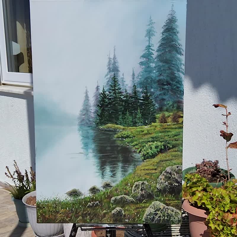 Foggy Forest Painting Landscape Original Art Atmospheric River Scene Artwork - 插畫/繪畫/寫字 - 亞麻 