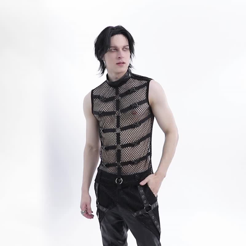 PUNK Dark Tree of Life Mesh Tank Top / Outerwear / Innerwear - เสื้อกั๊กผู้ชาย - วัสดุอื่นๆ สีดำ