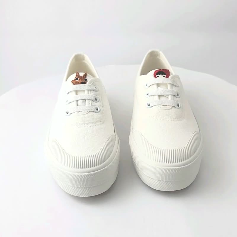Three eyelet elastic WHITE platform shoes - รองเท้าลำลองผู้หญิง - ผ้าฝ้าย/ผ้าลินิน ขาว