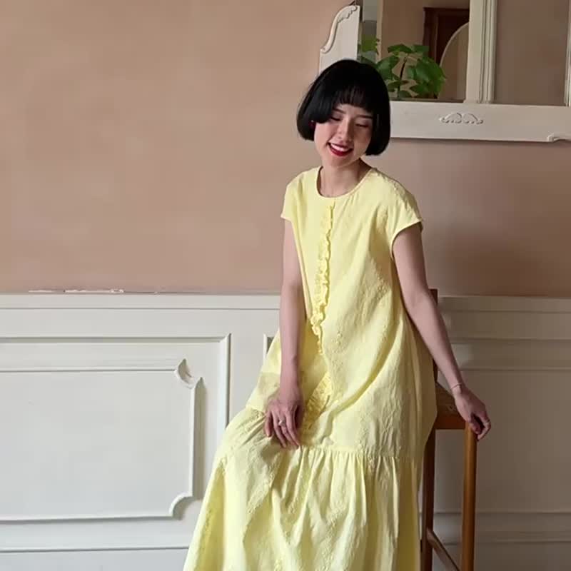 柔光黃 奶油玫瑰小黃裙 日系森女洋裝 甜美木耳花邊長裙 - 洋裝/連身裙 - 棉．麻 黃色