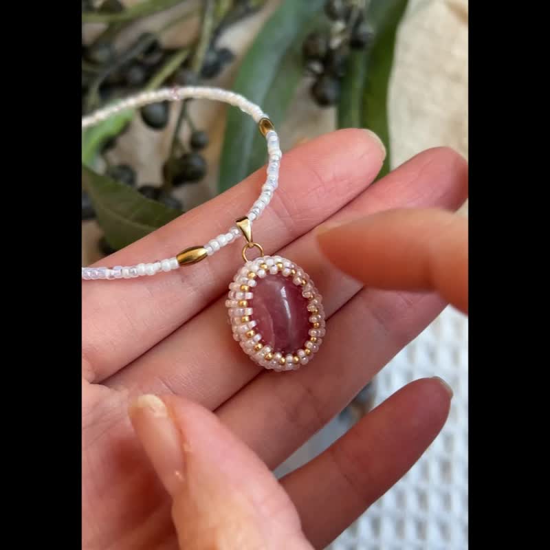紅紋石 玻璃米珠x天然石 串珠吊墜 配 珠珠鏈 - 項鍊 - 水晶 白色