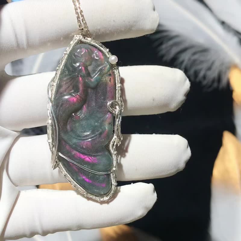 純手工純銀製作彩色l拉長石美人魚項鍊 - 項鍊 - 寶石 多色