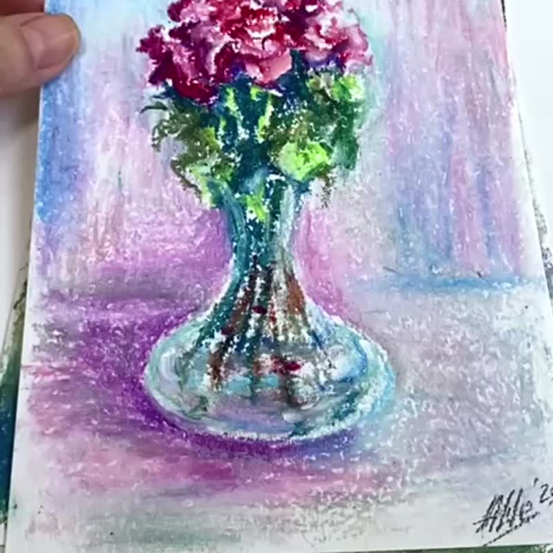 Rose Oil pastel painting Flower still life painting Mini art - โปสเตอร์ - วัสดุอื่นๆ หลากหลายสี