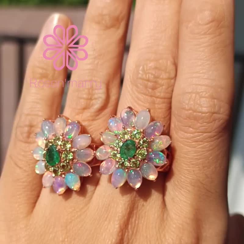 Natural Emerald Opal Peridot Ring Sterling Silver925 With Rosegold Plated. - 戒指 - 純銀 多色