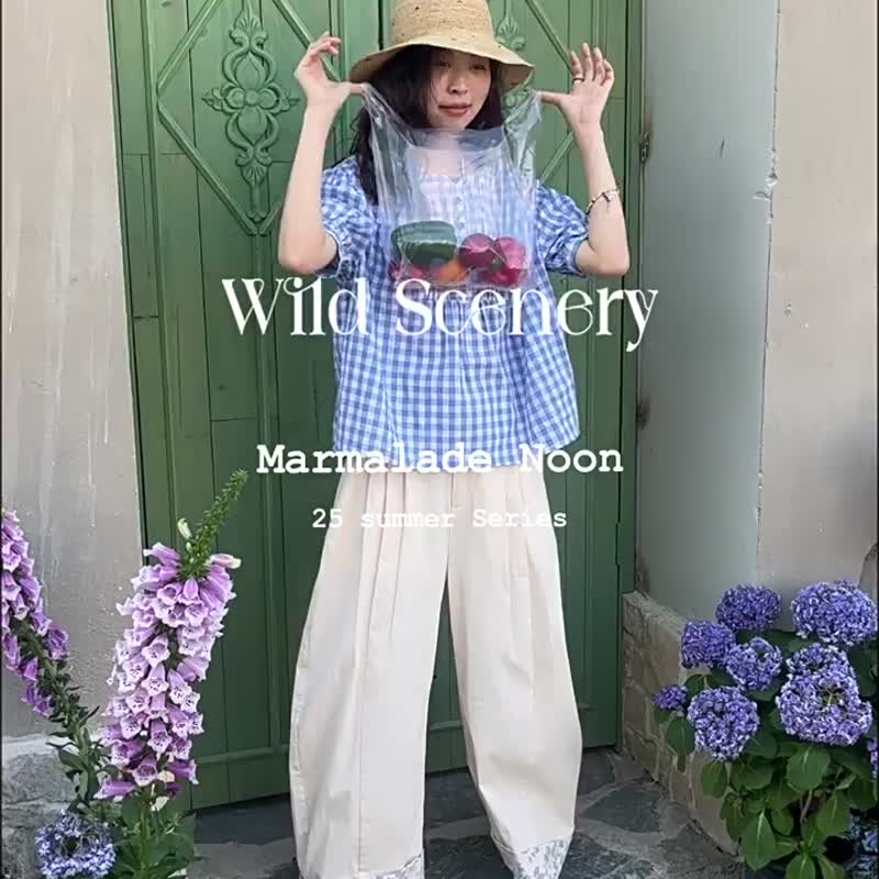 夏日格調 藍格紋泡泡袖小衫 寬鬆襯衫 清新格子上衣 - 女襯衫 - 棉．麻 藍色