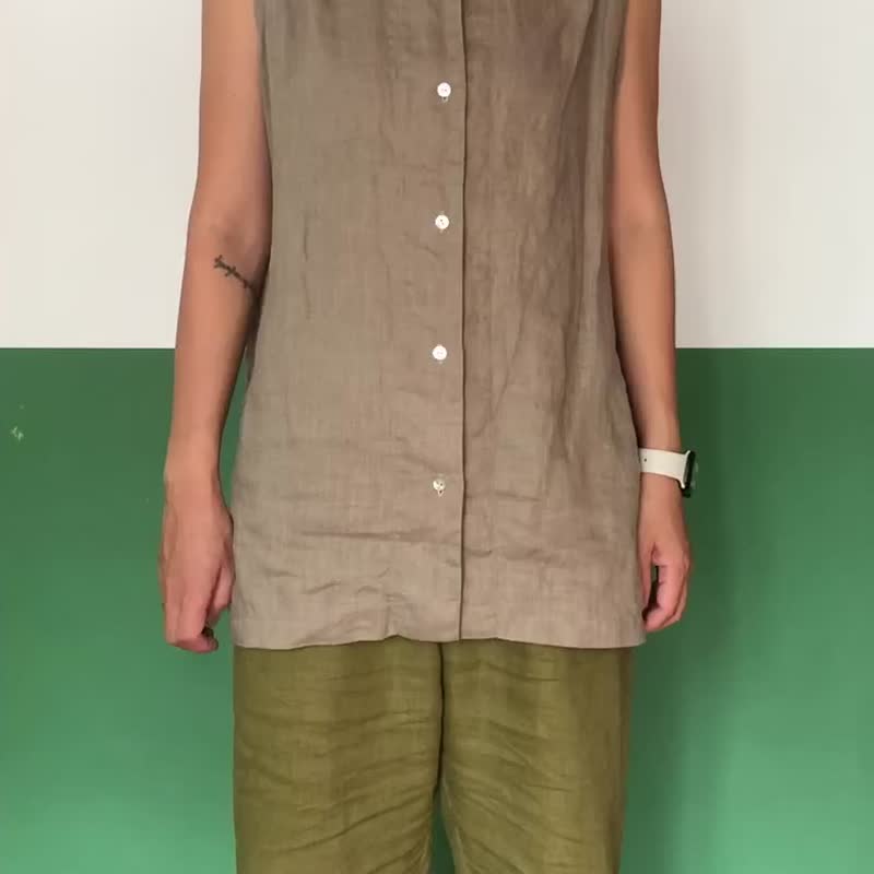 Linen Sleeveless Long Slit Shirt - Women's Vests - Cotton & Hemp Multicolor