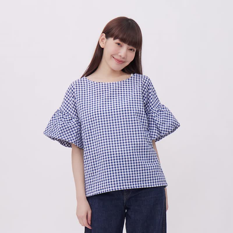 Lora Ruffle Sleeves Cotton Top/Blue Check - เสื้อเชิ้ตผู้หญิง - ผ้าฝ้าย/ผ้าลินิน สีน้ำเงิน