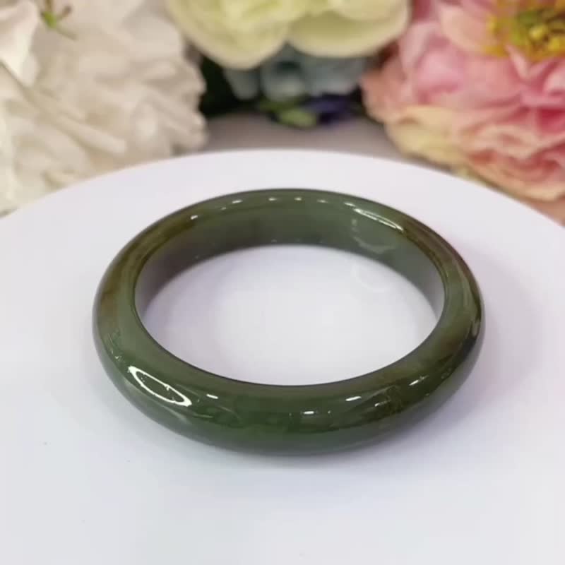 NO.2稀有且莫藍帶糖和田玉 52 MM 圈口 且莫 手鐲 手環 和田玉 - 手鍊/手環 - 玉石 綠色