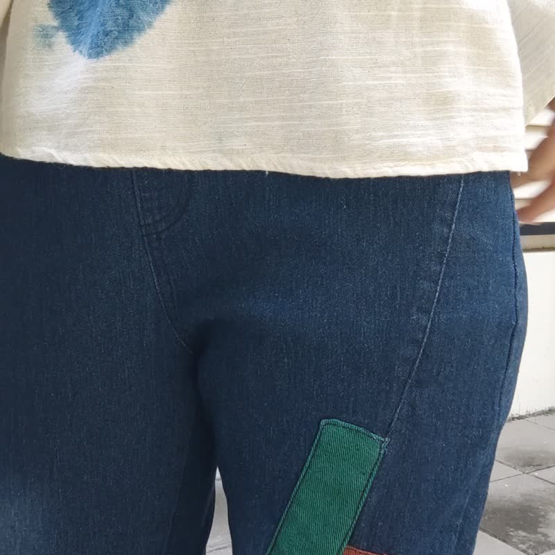 Ada Pants - 拼布手作風修身牛仔褲 - 女長褲 - 棉．麻 藍色