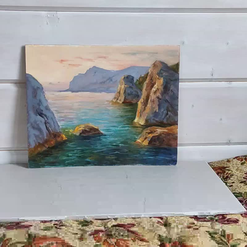 Sunset Painting Original seascape Art Scenery Landscape artwork Cliffs Mountains - 海報/掛畫/掛布 - 其他材質 多色