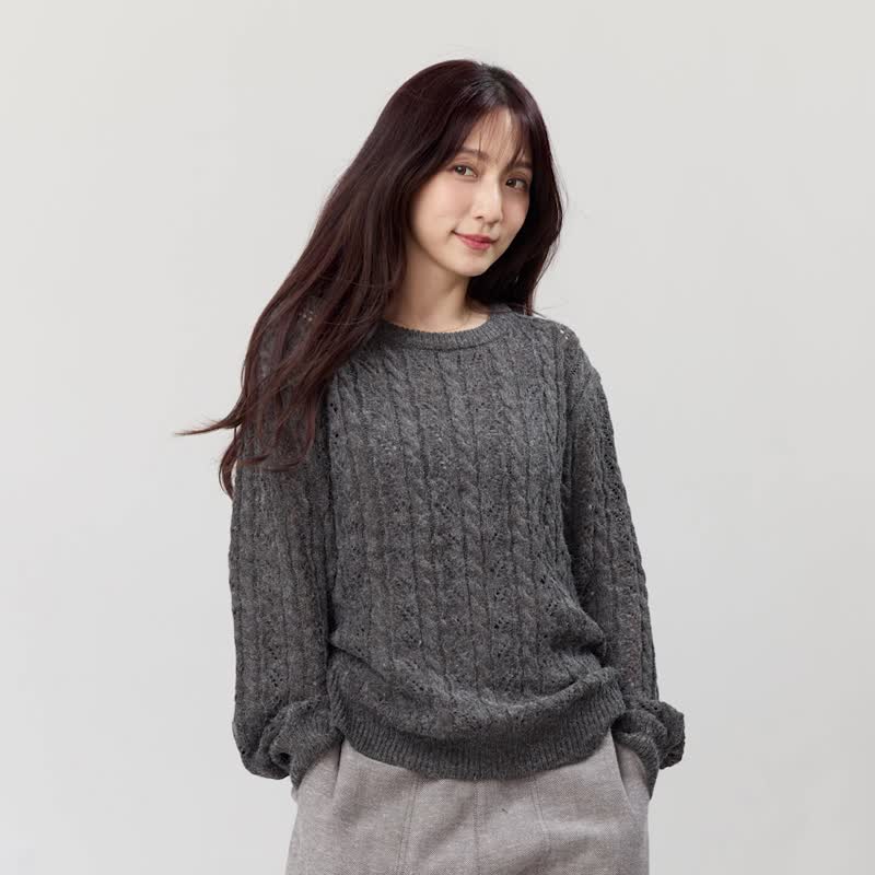 Rita Round Neck Twisted Knit Sweater/ Grey - Women's Sweaters - Cotton & Hemp Gray