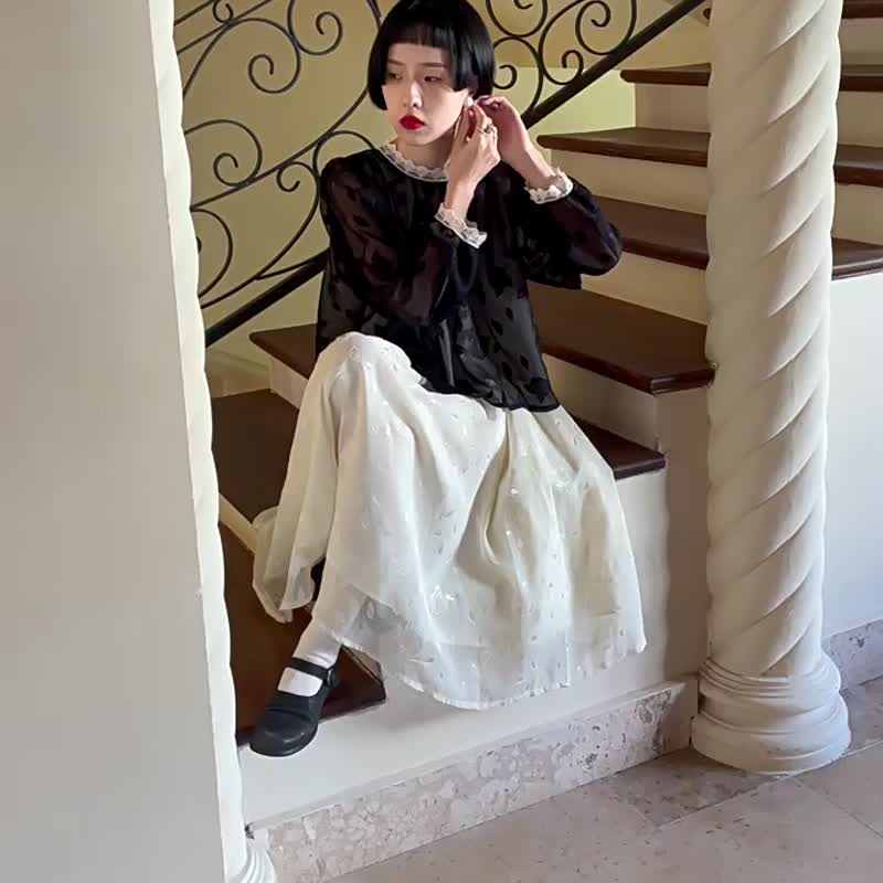 黑色/香檳色 玫瑰提花半身長裙 法式優雅高彈力鬆緊腰裙子 - 裙子/長裙 - 其他人造纖維 黑色