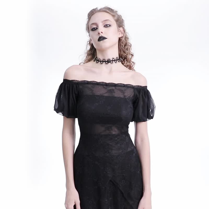 Pagan Ghost Puff Sleeve Lace Dress/Two-Wear/Sexy See-through - ชุดเดรส - วัสดุอื่นๆ สีดำ