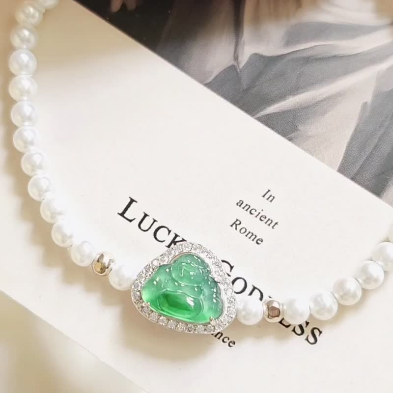 Welfare price|Lucky Green Buddha|Myanmar A-quality jade old pit ice glass green floating flower Buddha sterling silver pearl bracelet - Bracelets - Jade Khaki