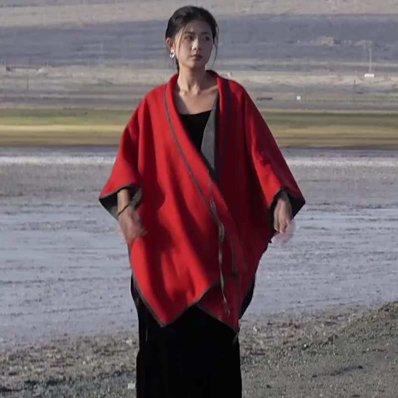 朱砂紅 秋冬高品質羊毛天絲斗篷 系帶披肩外套 - 女大衣/外套 - 羊毛 紅色