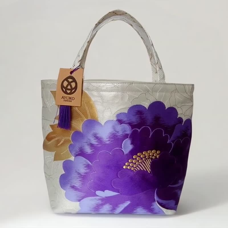 獨一無二100%絲質和服袋帶托特包 | 手工刺繡 | 日本藝術手提包 - 手提包/手提袋 - 絲．絹 紫色
