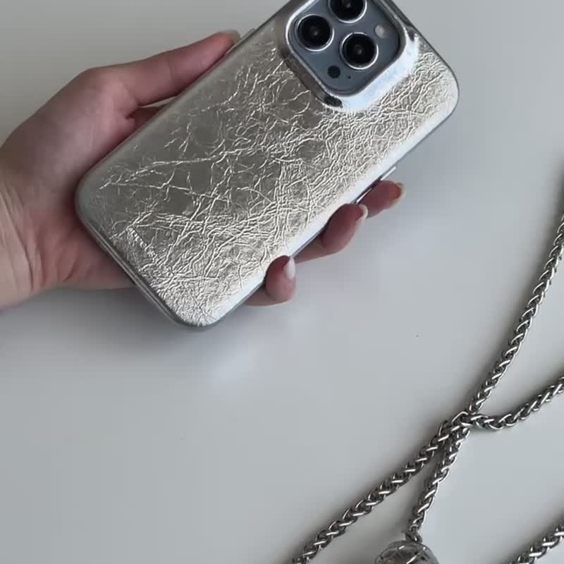 銀色爆裂紋 iPhone 磁吸全包皮革防摔保護殼 (支援MagSafe) - 手機殼/手機套 - 人造皮革 銀色
